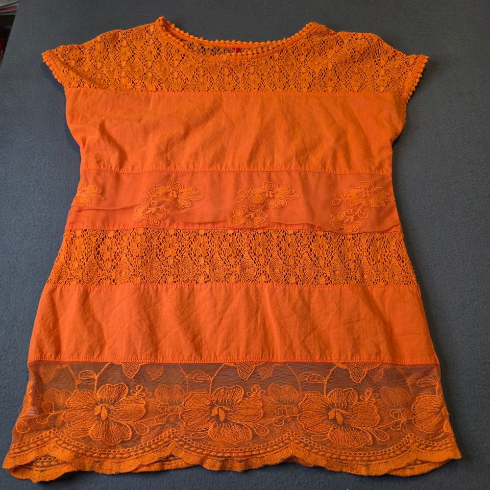 Ruby Ribbon Orange Lace Floral Embroidered Tunic Top XS Sheer Peekaboo‎